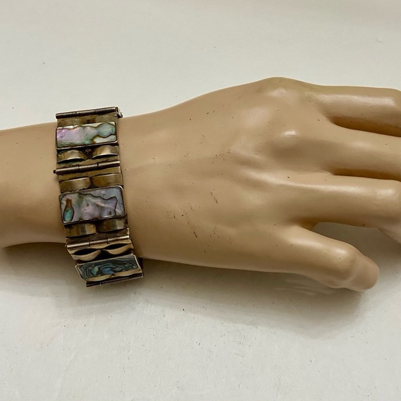Vintage,  1940s  Silver- Abalone Alpaca Mexico Bracelet 8in x 1in - Picture 2 of 11